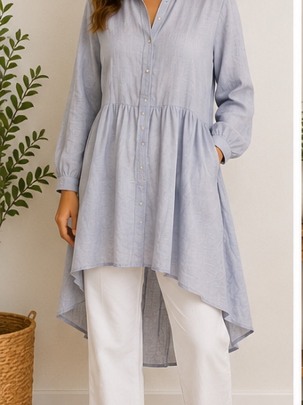 H Halston Womens Blue 100% Linen High Low  Tunic/Shirt Beach Coastal Preppy Lg
